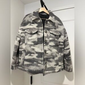 AllSaints Fenix Grey Sherpa Wool Blend Camo Print Button Up Jacket
